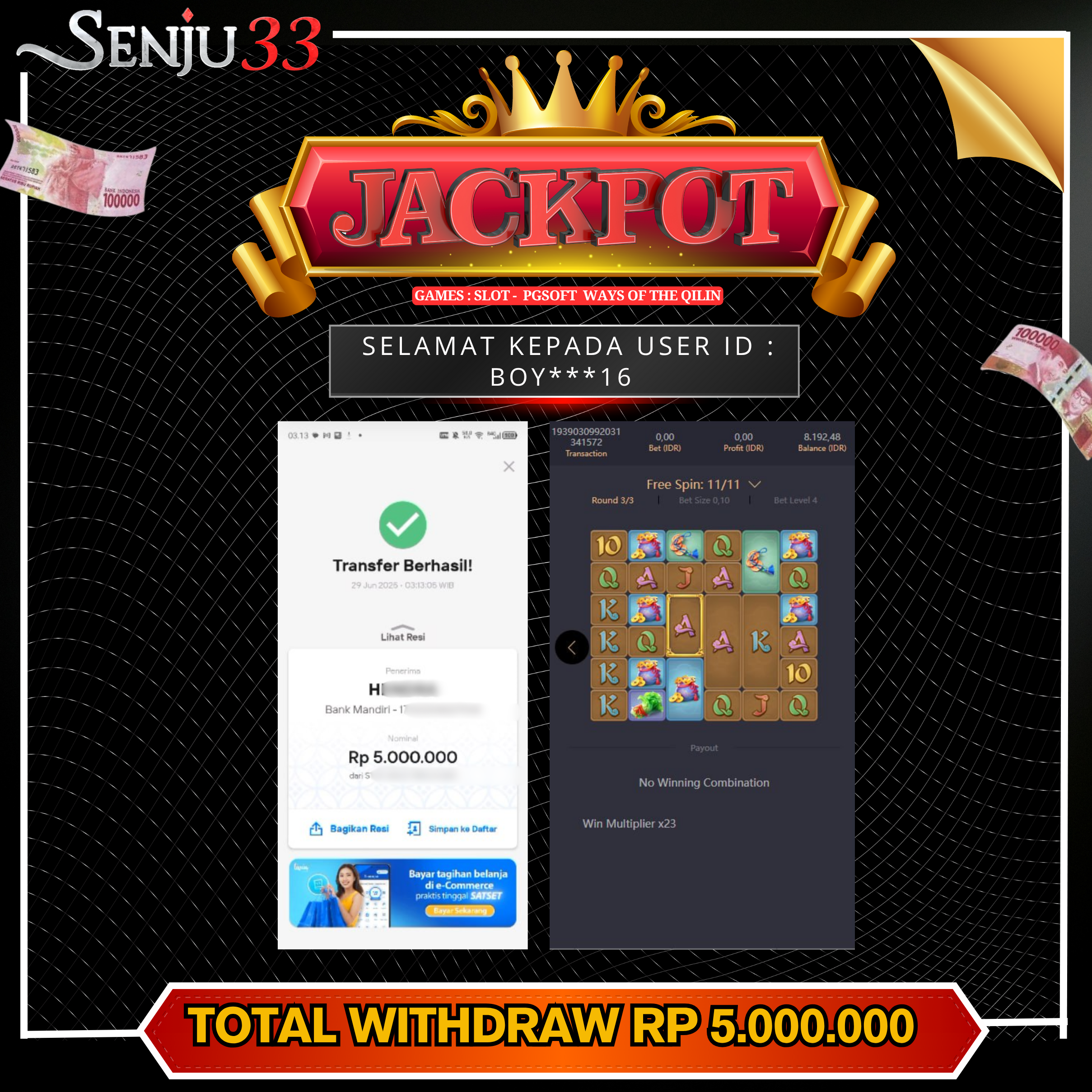 🎰 SENJU33 JACKPOT SLOT Rp. 5.000.000 LUNAS 🎉